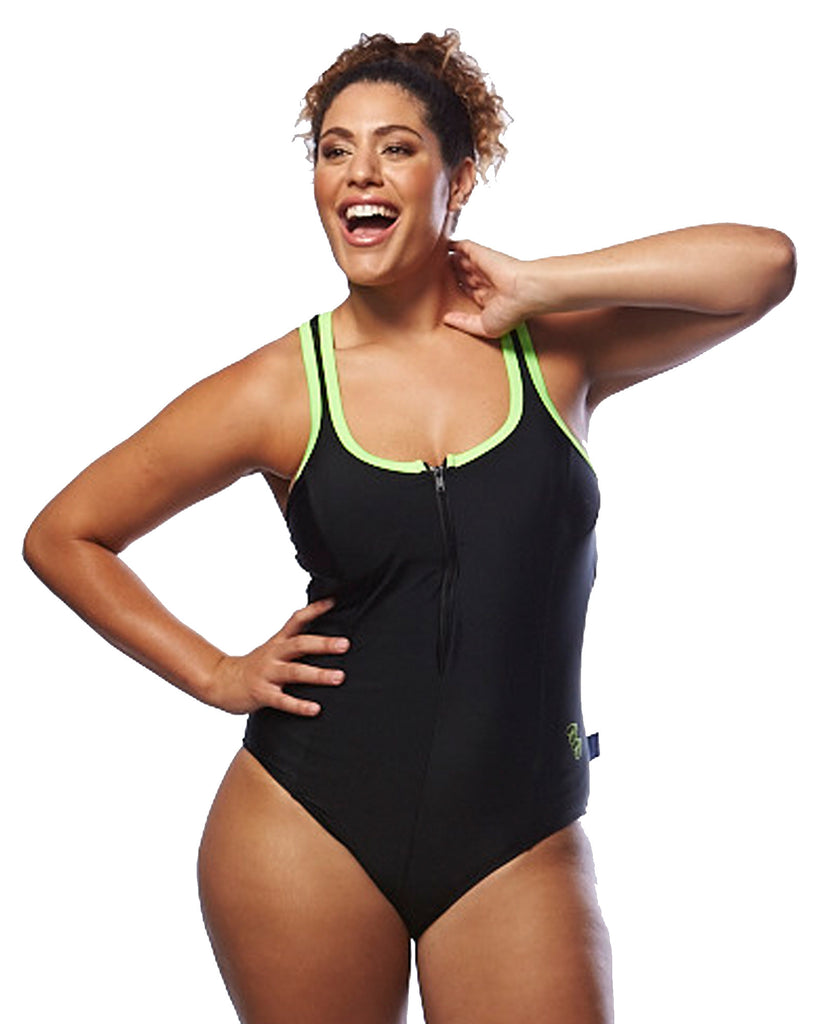 Plus Size Swimwear |Curvy Chic Sports Racer Back Swimsuit Zip